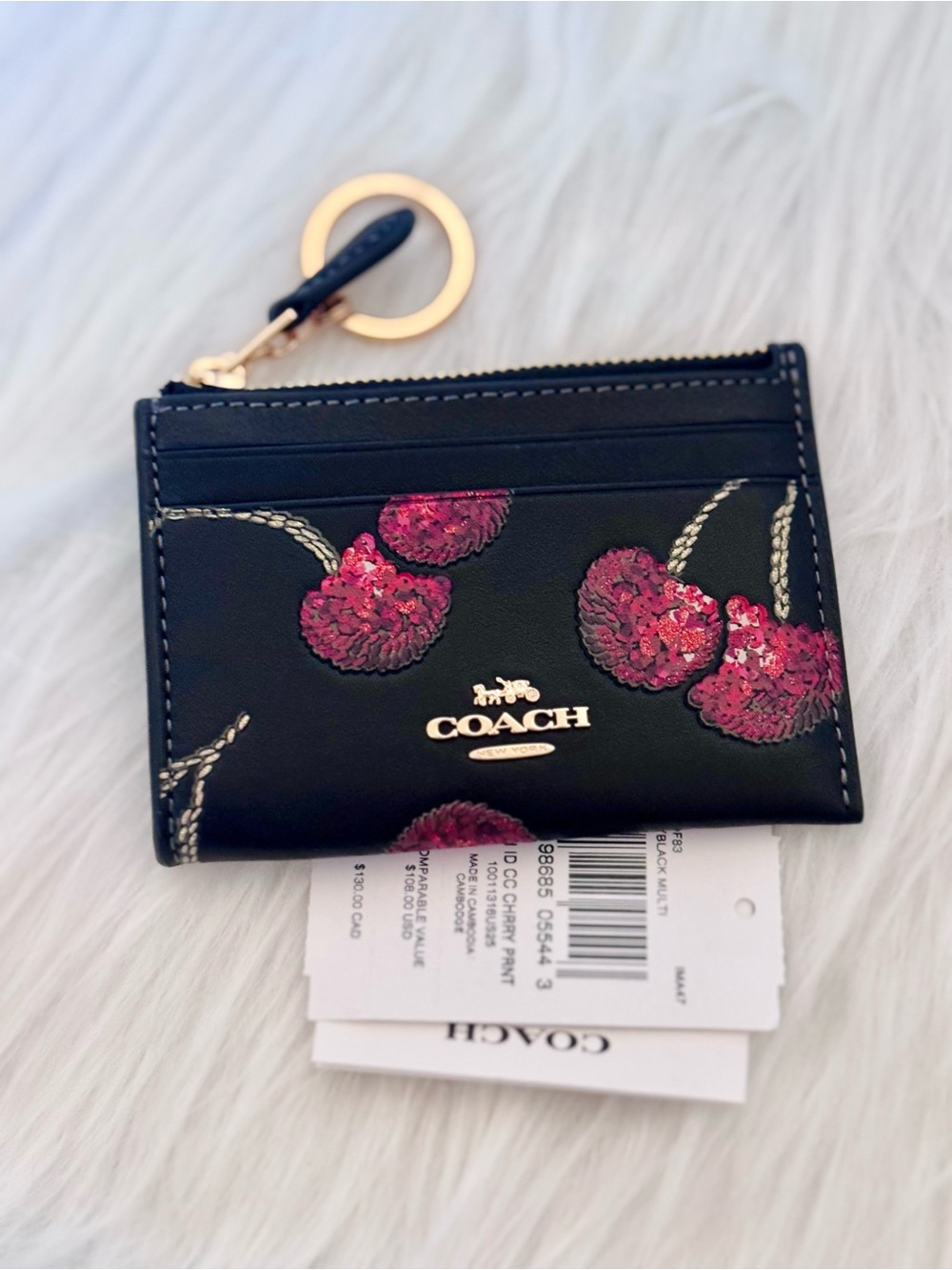 Coach Mini Skinny Id Case With Cherry Print In Leather/Black CDF83 NWT